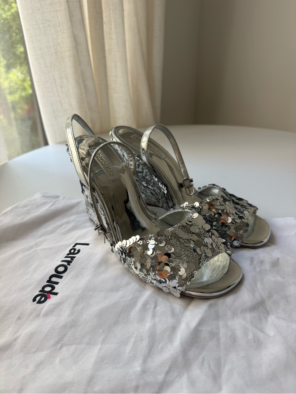 Larroude Silver Sequin Slingback Heels. Worn once.